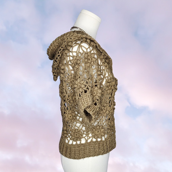 Handmade Brown Button Up Knitted Short Sleeve Sheer Coquette Mori Kei Sweater - Picture 4 of 6